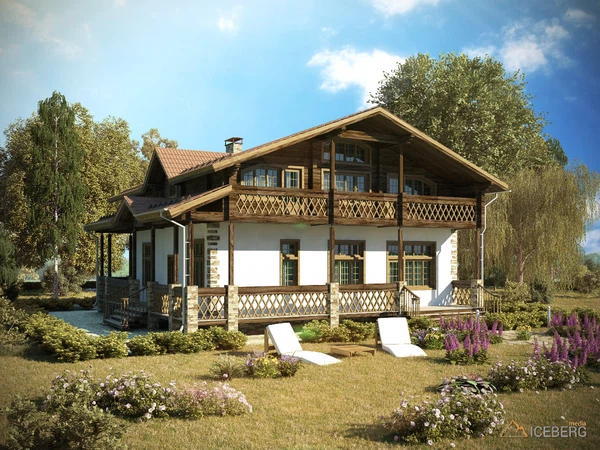 3d визуализация проекта дома с мансардным этажом в стиле шале